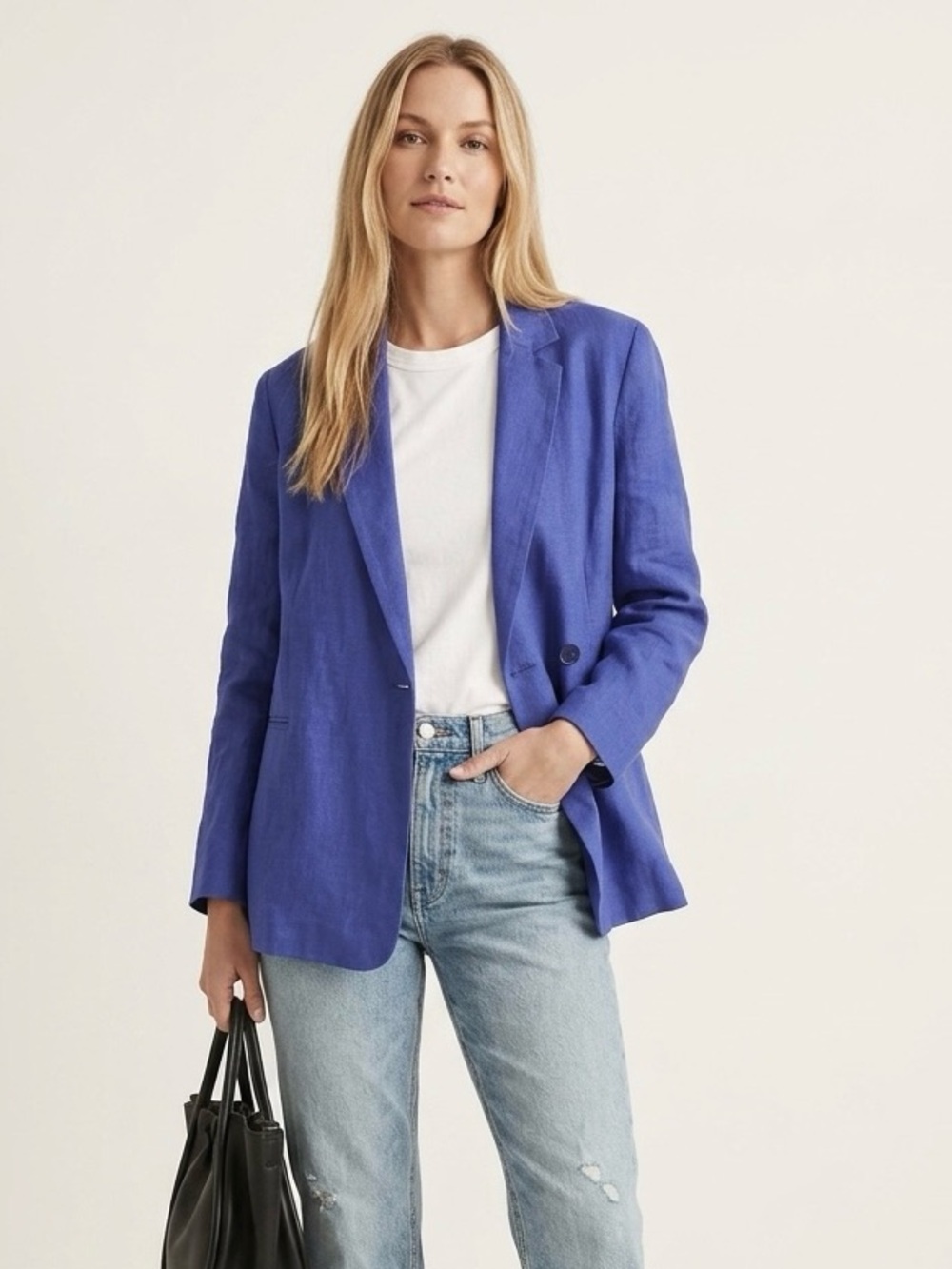 Madewell Blue Linen XS Double-Breasted Oversized Blazer Jacket